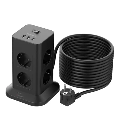 Imagen de TESSAN 8 Tomas Regletas Enchufes con USB C, Ladron Alargadera 10 Metros, Torre Enchufe Multiple 2 A y 1 Regleta Proteccion Sobretension, Interruptor