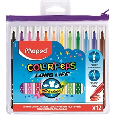 Imagen de Maped Long Life rotuladores de larga duración, 12 para colorear ultralavables y punta media bloqueada, suministros entrada escolar, estuche plástico con