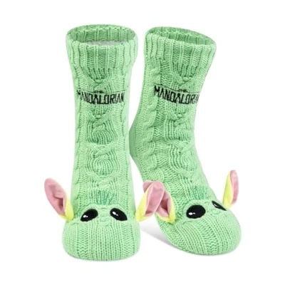 Imagen de Star Wars The Mandalorian calcetines de cabaña para bebé Yoda Grogu punto con orejas y forro sherpa hombre, mullidos invierno, cálidos talla única,