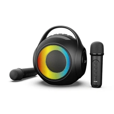 Imagen de R MUSIC DUOLED Altavoz RGB inalámbrico con 2 micrófonos Karaoke Puertos AUX/Micro SD/USB, 11 Juegos de Luces, incluidos, Soporte para Smartphone, deformación Voz