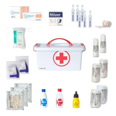 Imagen de FERRETELIX Botiquin caja primeros auxilios con tapa 4 litros medidas: 28cmx19cmx13cm equipado varios artículos para realizar las primeras curas en caso de emergencia