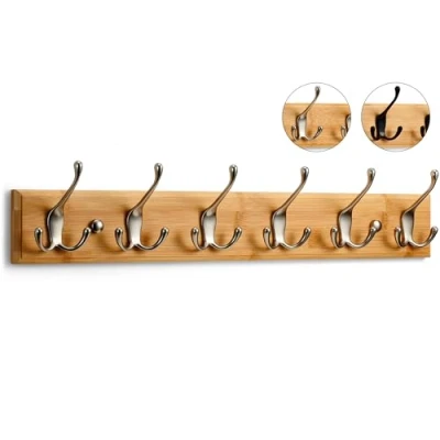 Imagen de LARHN Perchero Pared Madera y Níquel Mate 6 Colgadores Triples 59 cm Percheros de Diseño para Recibidores, Entradas, Dormitorios Modernos, Habitaciones Infantiles Baños
