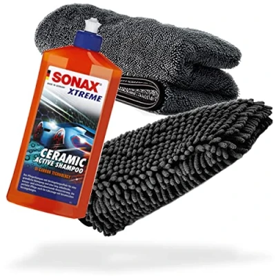 Imagen de detailmate Juego de lavado y secado coche Sonax Xtreme Ceramic Active Champú 500 ml + guante chenilla paño seco 1000 GSM para el ideal
