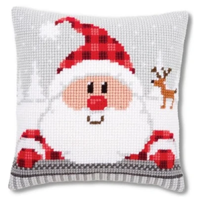 Imagen de VERVACO Kit de Punto Cruz: cojín: Papá Noel en un Sombrero a Cuadros, Algodón, Colores Variados, ca. 40 x cm / 16&quot;