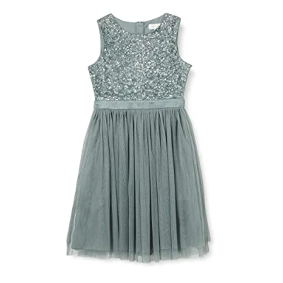Imagen de Maya Deluxe Vestido Midi para Niñas con Lentejuelas Adornadas Fiesta, Tutú, Damas de Honor, Boda Lazo Cinturón, Verde Neblina, 9 10 Años