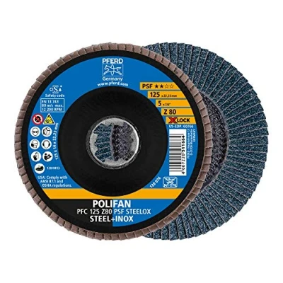 Imagen de PFERD Disco de láminas Polifan, 10 unidades, 125 mm, Z80, X Lock (22,23 mm), PSF STEELOX, 67668126 para una alta economía gracias al mecanizado agresivo con buena vida útil
