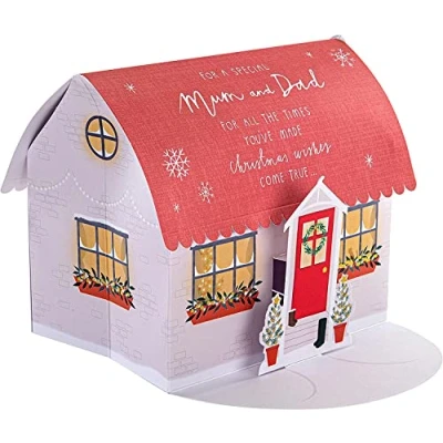 Imagen de Hallmark tarjeta de Navidad, Navidad para mamá y papá, 3D desplegable, Gruta Santa, diseño casa, color rojo