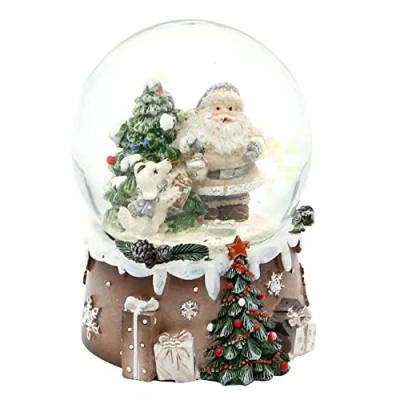 Imagen de bola de nieve Papá Noel con árbol Navidad y perro sobre una base ornamentada, dimensiones (largo x ancho alto): 6,5 9 cm, cm diámetro.