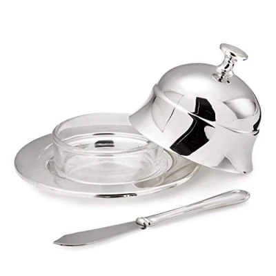 Imagen de EDZARD Mantequillera/Mantequera Epe, diametro 11 cm, Plateada, con Inserto tazón de Vidrio, Incl. Cuchillo para Mantequilla, Campana Mantequilla