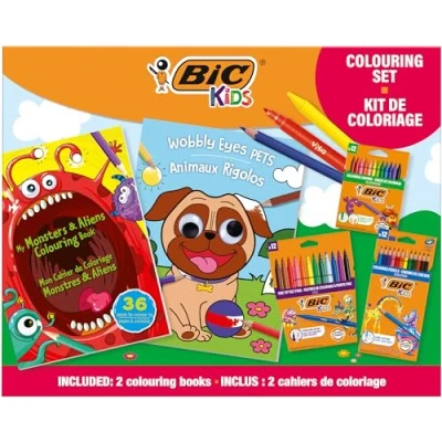 Imagen de BIC Kids Set para Colorear. Incluye 2 Libros Colorear, 3 sets de 12 Rotuladores, Lápices colores y Crayones. Regala Diversión a los Niños. Explora Crea sin Límites