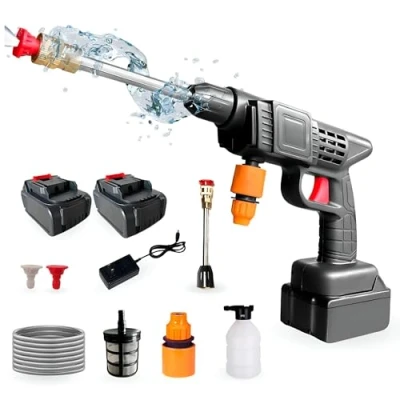 Imagen de Pistola de Alta Presión. Limpiador Presión Portátil 35Bar/500PSI y 1500mAh/300W 2 Baterías 48V. Set Hidrolimpiadora Inalámbrica, Recargable para Limpiar Coche, Terraza, Jardín.