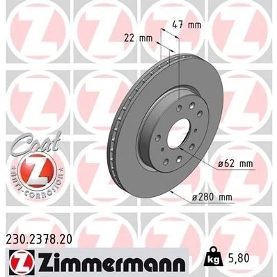 Imagen de ZIMMERMANN COAT Z 230.2378.20 Disco de freno 280 22 9/5 5 114 ventilación interna revestido SUZUKI: SX4 I Hatchback, FIAT: Sedici