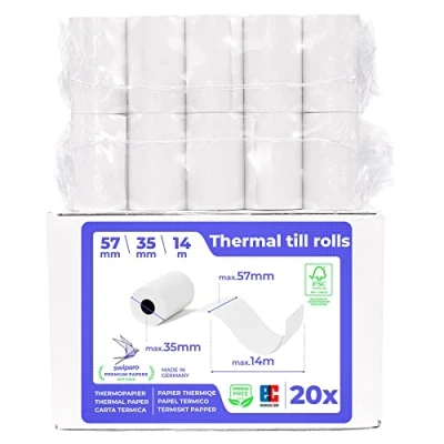 Imagen de SWIPARO Rollos de papel térmico Ec Cash 57mm x 14m 12mm para bankomat Lectores tarjetas crédito con texto débito directo