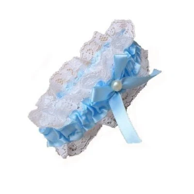 Imagen de Blue ribbon and lace garter with Centre Pearl bead bow.