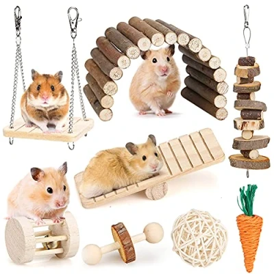 Imagen de Juguetes de hámster para Masticar Naturales, Juguete Conejo, Conejillo Indias, Animales pequeños, molares, Cuidado los Dientes, Accesorios Madera, Columpio y Puente pesaje