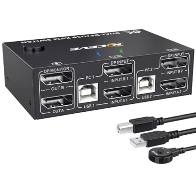 Imagen de YOUTINGHDAV DP KVM Switch 2 PC Monitores, 4K@144Hz Extended Display, Dual Monitor Displayport 1.4, USB Monitores para 4 Dispositivos Teclado, Mouse, con y Cable