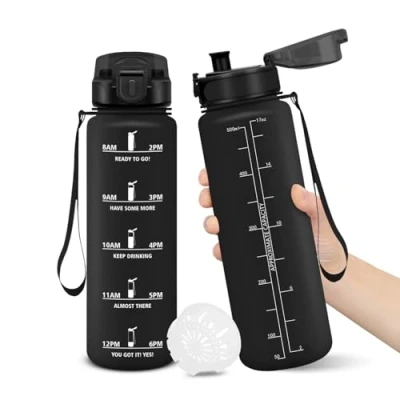 Imagen de Botella Agua, 500ML Libre de BPA, Agua Gimnasio, Diseño Cerradura a Prueba Fugas, Botellas Con Marca Tiempo, para Niños Escuela, Deportes Negro