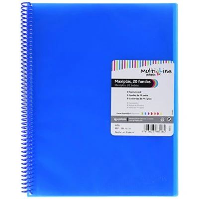 Imagen de Grafoplás Carpeta con 20 Fundas Transparentes A4 Color Azul Espiral PVC Tapas Polipropileno Gomas de Cierre Maxiplás Multiline