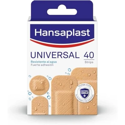 Imagen de Hansaplast Universal 40 surtido (4 tamaños), apósitos resistentes al agua que repelen la suciedad, para heridas, tiras adhesivas con Bacteria Shield, 1 x ud