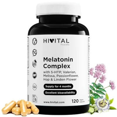 Imagen de Melatonina Complex 120 cápsulas veganas Con 5 HTP, Valeriana, Melisa, Pasiflora, Amapola Californiana, Lúpulo y Tila Mejora el sueño descanso, reduce la ansiedad estrés