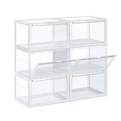 Imagen de SONGMICS Cajas para zapatos, 6 unidades, apilables, con puerta, plástico, tamaño hasta 46, 36 x 28 22 cm, transparente LSP06CW