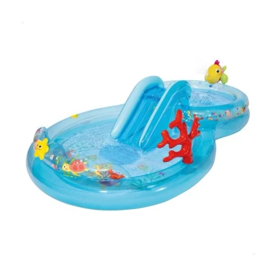 Imagen de INTEX Piscina Infantil Hinchable con tobogán Base Acolchada, dispersor de Agua y Estrella mar Desmontable, Tapón desagüe, Incluye Parche reparación, Centros Juego para niños, 2 años (56143)