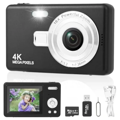 Imagen de Cámara Digital HD 4K, de Fotos con Tarjeta SD 64 GB, 1080P Compacta 2,4 Pulgadas Portátil Recargable Zoom 8X para Niños, Principiantes, Adulto (Negro)