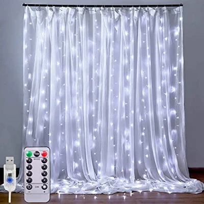 Imagen de XRR Cortina de Luces, 3MX3M 300 LED Navidad Luces Cadena Luz USB con Mando a Distancia 8 Modos Guirnalda para Decoración Ventana,Bodas,Fiestas(Blanco frío)