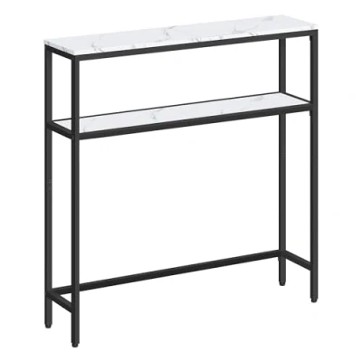 Imagen de VASAGLE Mesa de Consola, Auxiliar Estrecha, 20 x 80 cm, Entrada Moderna con 2 Estantes, para Sala Estar, Dormitorio, Blanco Mármol y Negro Tinta LNT130W59
