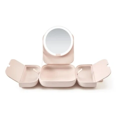 Imagen de AMIRO M2 LumoCube Espejo de Bolsa LED Portátil con Brillo 5 Niveles, Magnético para Uso Multifuncional, Organizador Estuche Maquillaje Rosado