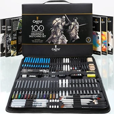 Imagen de Castle Art Supplies Estuche 100 Uds Dibujo y Esbozo Lápices+Barras de Grafito, Carboncillo, Pastel, Metálicos, Solubles, Rotuladores Punta Fibra Artistas Profesionales Resistente Viaje