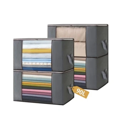 Imagen de Boic 4 Piezas Cajas Almacenaje Ropa, 90L Plegable, Bolsas Para Guardar De Ropa Con Mango Reforzado Edredones, Mantas, Gris