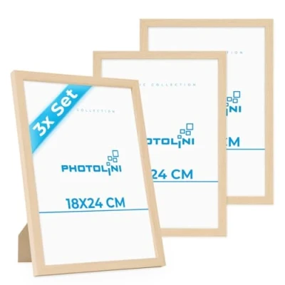 Imagen de PHOTOLINI marcos 18x24 cm madera MDF natural, set de 3 para pósteres, cristal acrílico, colgar y poner pie, incluye accesorios fotos, láminas pósteres