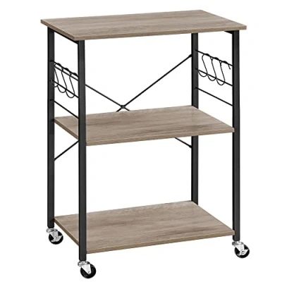 Imagen de VASAGLE Estantería de Cocina con Ruedas, Carrito Servicio 3 Niveles, para Microondas, Horno, Tostadora, Marco Metal 6 Ganchos, Greige y Negro KKS060B02