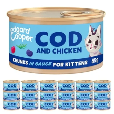 Imagen de Edgard &amp; Cooper Comida Húmeda Gatos Esterilizados o Activos Gatitos Junior Trozos en Salsa Natural Sin Cereales Latas 85g x 18 Bacalao Pollo, Alimentación Sana Sabrosa y Equilibada