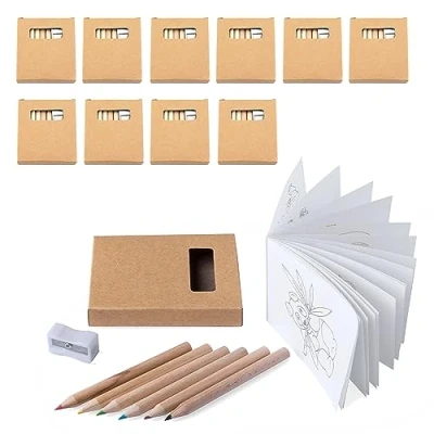 Imagen de 10 Cajas de 6 Mini Lápices Colores, 1 Libro para Colorear y Sacapuntas. En Total: 60 Minilápices, Minilibros Infantiles Sacapuntas