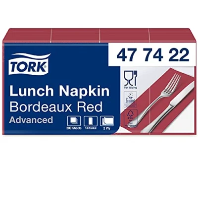 Imagen de Tork 477422 Soft Lunch/Servilletas para almuerzo de dos capas/plegado americano 1/8 / color burdeos/ 10 paquetes x 200 unidades (2000 servilletas)/ 33 cm cm/Advanced