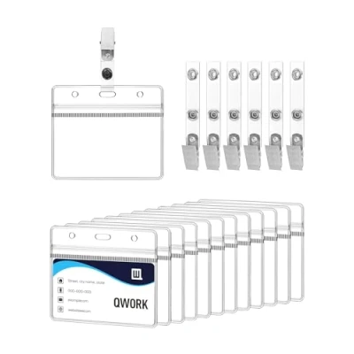Imagen de QWORK® 50x Funda tarjeta identificación con clip Plástico engrosado de 0,56 mm Adecuado para tarjetas tamaño 88 x 55