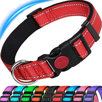 Imagen de ATETEO Reflective Dog Collar with Safety Locking Buckle and Soft Neoprene Padded, Adjustable Durable Nylon Puppy for Medium Large Dogs,Red,L: 17.7 27.5 Inch