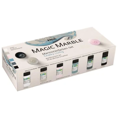 Imagen de KREUL 73613 Magic Marble Marbling Paint, Chalky Living Set, 6 x 20 ml pintura en marrón, rosa, petróleo, gris, incoloro y negro, para marmolear por inmersión madera, vidrio, plástico