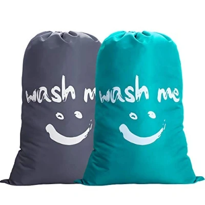 Imagen de Ihomagic Lote de 2 bolsas lavandería grandes, plegables, bolsa almacenamiento con nailon, cuerda 120 g, ligera, portátil para ropa sucia 90 L, en dormitorio,