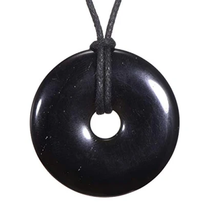 Imagen de Morella Collar para Mujer 80 cm y Colgante de Gema en Forma Donut Obsidiana Negra Bolsa Terciopelo