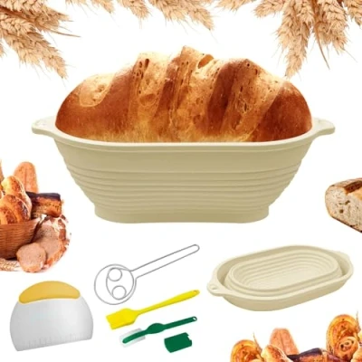 Imagen de xyuayamz Cesta Fermentacion Pan Silicona, de Fermentación Pan, Ovalada Plegable con Cortador Masa, Cepillo Batidor, Cuchillo Panadero(29cm, 5 Piezas, Beige)