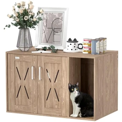Imagen de PawHut Mueble Arenero para Gatos 3 en 1 Nido Mesa Auxiliar Caja de Arena con Puertas Estera Rascar y Compartimento Salón Dormitorio 80x48x50,5 cm Marrón