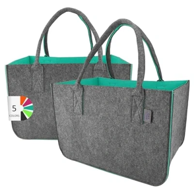 Imagen de LEVIATAN Felt Bag Shopper 2 Pieces Large 30 Litre Shopping XXL Foldable Basket Firewood Clothes Toy Dark Grey / turquoise, XL, Retro