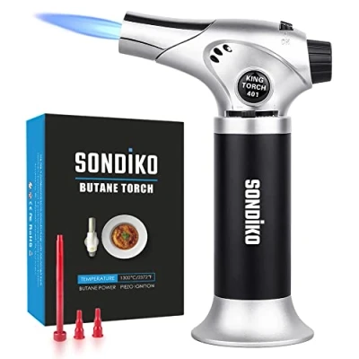Imagen de Sondiko Quemador de gas butano recargable con cerradura seguridad, llama ajustable, ideal para crema brulee, cocinar, hornear (butano no incluido)