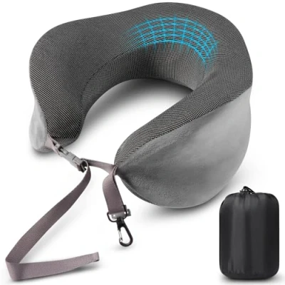 Imagen de Blendura Almohada de Viaje, Cervical Espuma Viscoelástica, avión con Bolsa Transporte Incluida, Adecuada para cojín Cuello avión, Coche, Oficina, Gris