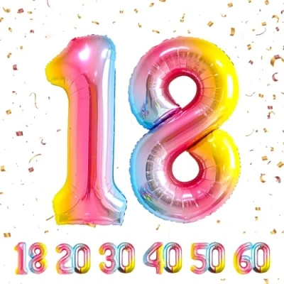 Imagen de Globos de 18 cumpleaños,Arcoiris pulgadas Globo número, decoraciones número cumpleaños para hombre y mujer, inflable lámina Arcoiris