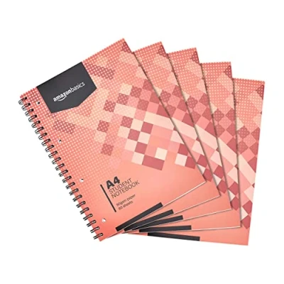 Imagen de Amazon Basics Cuaderno de anillas,80 hojas/ 160 páginas, tamaño A4, 90 gsm, 5 unidad, Paquete 1, Blanco