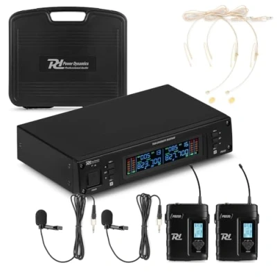 Imagen de Power Dynamics D220B Sistema Dual de micrófonos inalámbricos, True Diversity, UHF 823 832 MHz, Doble micrófono bodypack con Solapa y Diadema, 80 Canales, Salidas XLR Jack 6,3 mm, Estuche Incluido